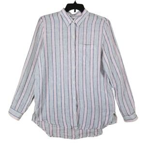 Gap Womens Medium Tall Linen Boyfriend Shirt Blue Pink Striped Button Down